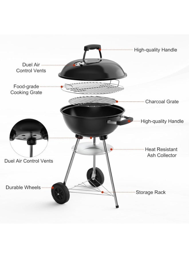 YOUWE7 شواية فحم YOUWE7 مقاس 18 بوصة، شوايات شواء دائرية محمولة، متينة وسهلة التجميع، عجلات للشواء/شواية شواء مع عجلات للفناء الخلفي والتخييم والفناء والشاطئ، لون أسود - Image 3