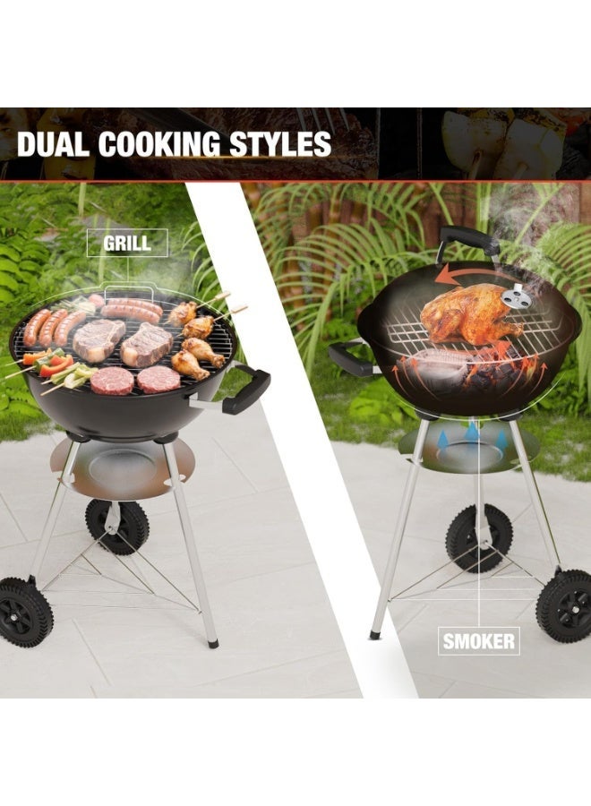 YOUWE7 شواية فحم YOUWE7 مقاس 18 بوصة، شوايات شواء دائرية محمولة، متينة وسهلة التجميع، عجلات للشواء/شواية شواء مع عجلات للفناء الخلفي والتخييم والفناء والشاطئ، لون أسود - Image 2