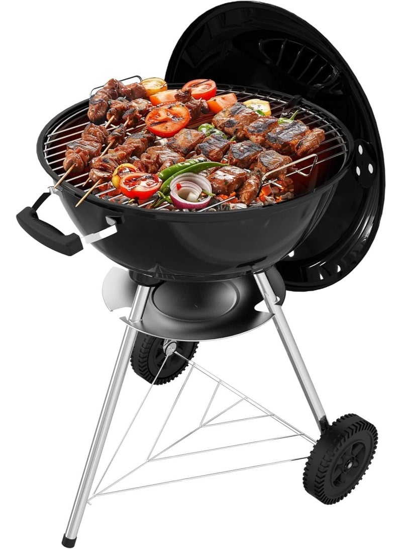 YOUWE7 شواية فحم YOUWE7 مقاس 18 بوصة، شوايات شواء دائرية محمولة، متينة وسهلة التجميع، عجلات للشواء/شواية شواء مع عجلات للفناء الخلفي والتخييم والفناء والشاطئ، لون أسود - Image 1