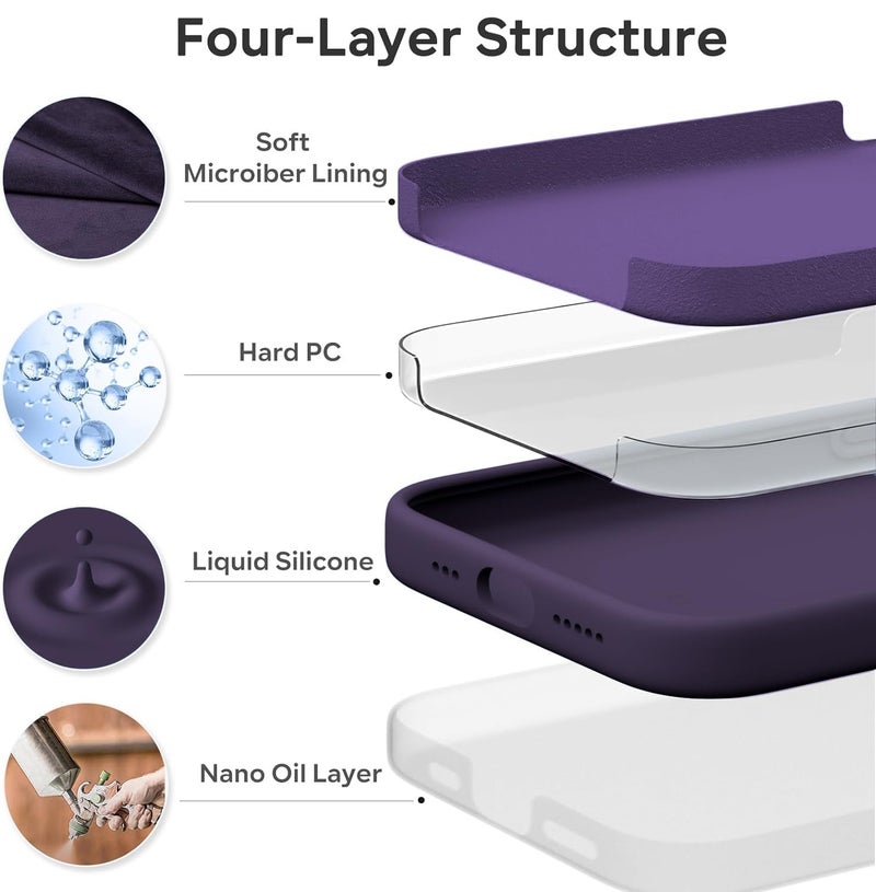 Elzzi غطاء ميكروفايبر مع شعار متوافق مع غطاء آيفون 15، غطاء سائل سيليكون كامل الجسم 4 طبقات واقية، غطاء خلفي مضاد للصدمات مع حواف كاميرا مرتفعة (6.1 بوصة، بنفسجي غامق) - Image 5