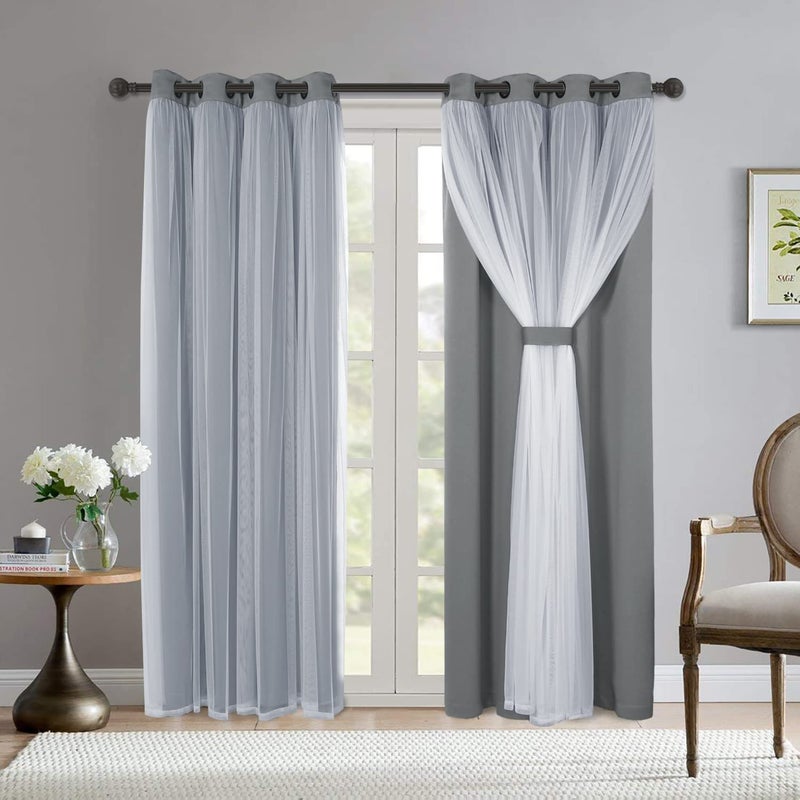 BONZER White Sheer Tulle Overlay Blackout Curtains Grommet Top Mix and Match Curtains for Living Room, Cloud Grey, 52x84 Inch, Set of 2 Panels - Image 1