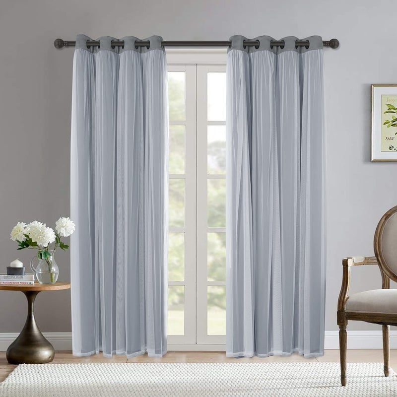 BONZER White Sheer Tulle Overlay Blackout Curtains Grommet Top Mix and Match Curtains for Living Room, Cloud Grey, 52x84 Inch, Set of 2 Panels - Image 2