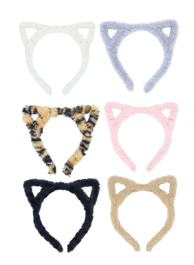 6 Pack Cat Ears Headband Plush Headbands for Women Washing Face lovely Headband for Girls Kitty Headbands Festival for  Furry Headbands for Party Cosplay Make Up