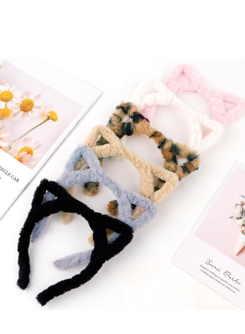 6 Pack Cat Ears Headband Plush Headbands for Women Washing Face lovely Headband for Girls Kitty Headbands Festival for  Furry Headbands for Party Cosplay Make Up