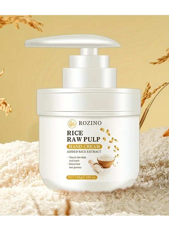 ROZINO Rice Pulp Hand Cream with Added Rice Extract - Deep Moisturizing Lotion for Dry, Rough Skin, Vitamin E Enriched, Low-Allergenic Formula, 100g/3.52fl.oz, for All Skin Types, Hand Moisturizer | Minimalist Packaging | Hypoallergenic Formula