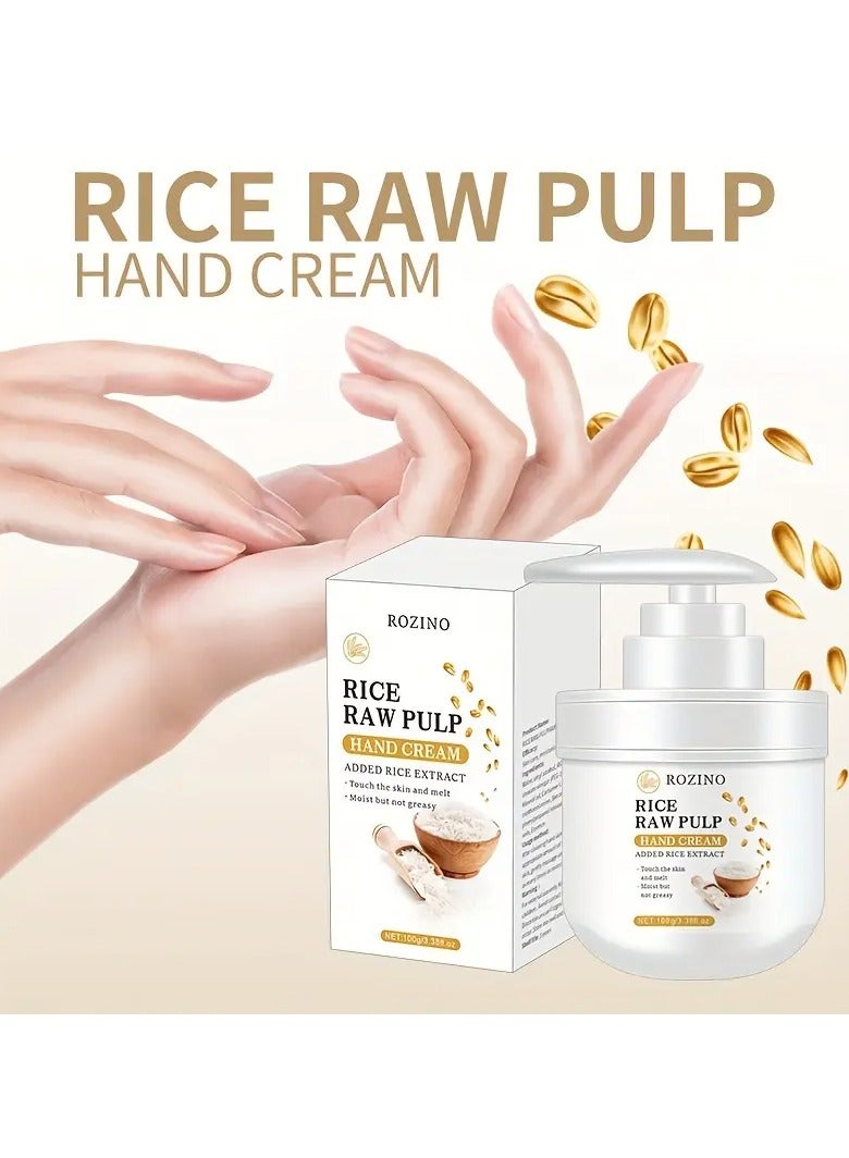 ROZINO Rice Pulp Hand Cream with Added Rice Extract - Deep Moisturizing Lotion for Dry, Rough Skin, Vitamin E Enriched, Low-Allergenic Formula, 100g/3.52fl.oz, for All Skin Types, Hand Moisturizer | Minimalist Packaging | Hypoallergenic Formula