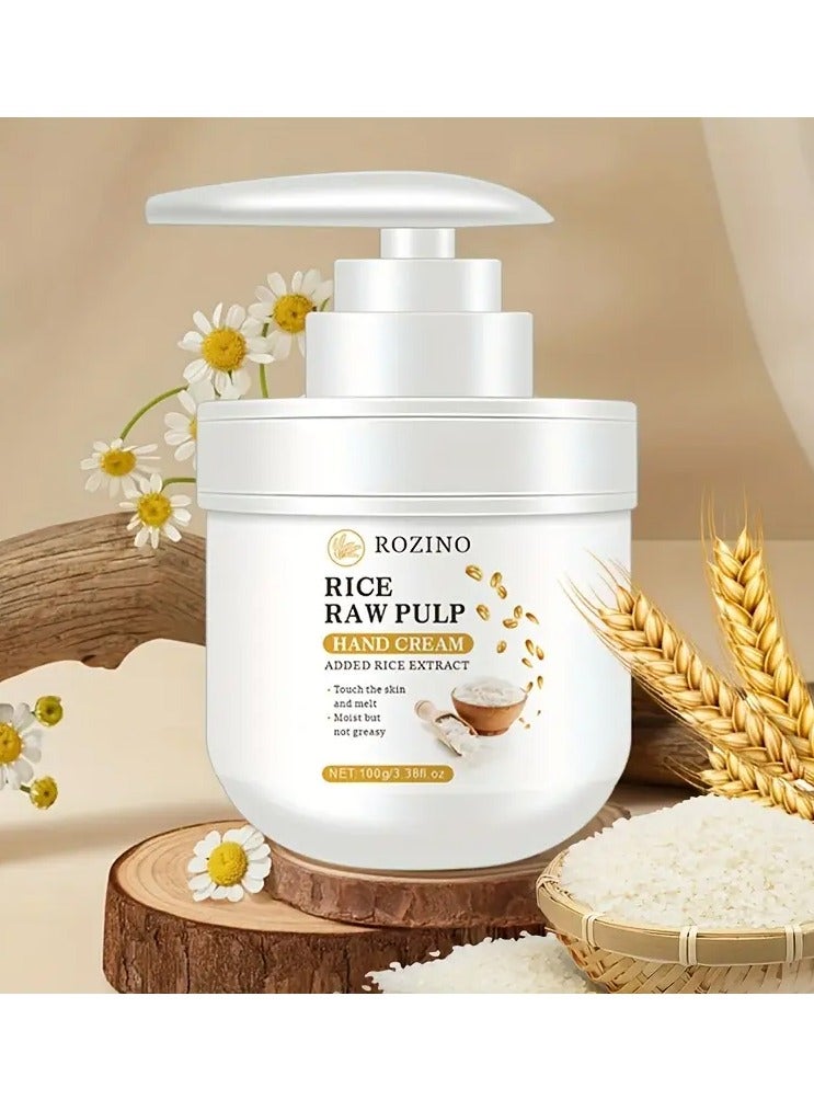 ROZINO Rice Pulp Hand Cream with Added Rice Extract - Deep Moisturizing Lotion for Dry, Rough Skin, Vitamin E Enriched, Low-Allergenic Formula, 100g/3.52fl.oz, for All Skin Types, Hand Moisturizer | Minimalist Packaging | Hypoallergenic Formula