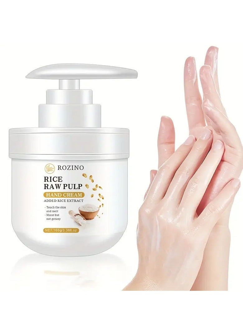 ROZINO Rice Pulp Hand Cream with Added Rice Extract - Deep Moisturizing Lotion for Dry, Rough Skin, Vitamin E Enriched, Low-Allergenic Formula, 100g/3.52fl.oz, for All Skin Types, Hand Moisturizer | Minimalist Packaging | Hypoallergenic Formula