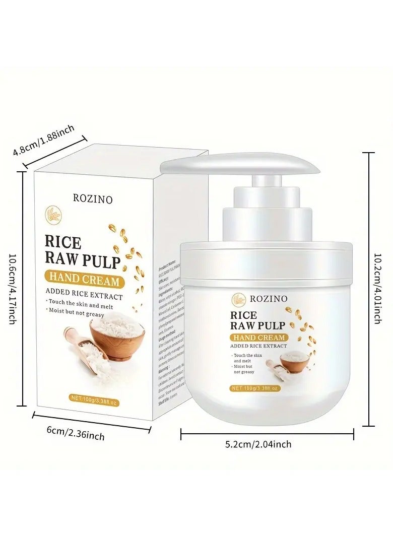 ROZINO Rice Pulp Hand Cream with Added Rice Extract - Deep Moisturizing Lotion for Dry, Rough Skin, Vitamin E Enriched, Low-Allergenic Formula, 100g/3.52fl.oz, for All Skin Types, Hand Moisturizer | Minimalist Packaging | Hypoallergenic Formula