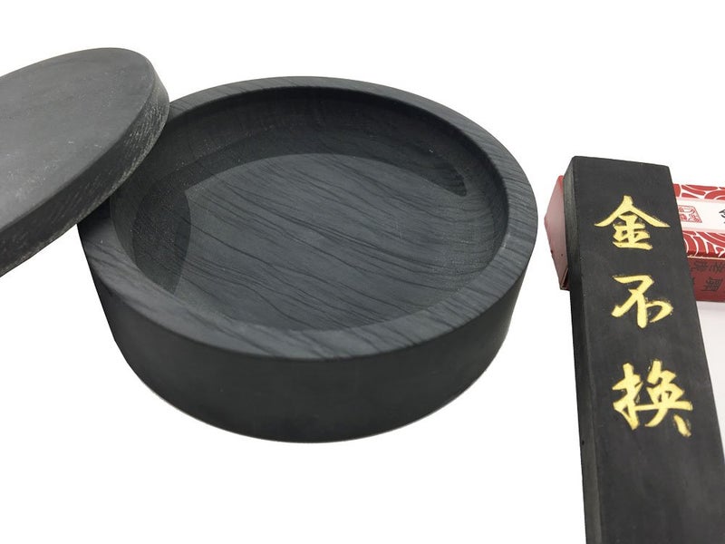 Easyou Ink Stone for Chinese Calligraphy Natural Stone Wavy with Cover 4 Ink Stick 1pcs