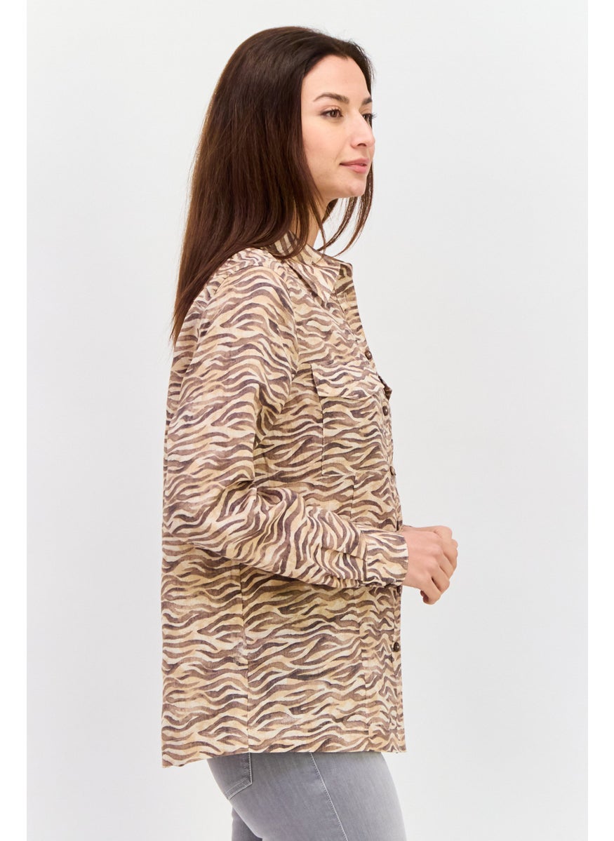 Scotch & Soda - Women Spread Collar Long Sleeves Animal Print Shirt, Brown Combo - Image 1