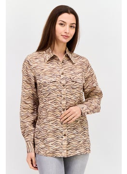 Women Spread Collar Long Sleeves Animal Print Shirt, Brown Combo