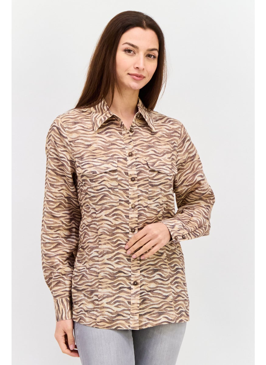 Scotch & Soda - Women Spread Collar Long Sleeves Animal Print Shirt, Brown Combo - Image 1
