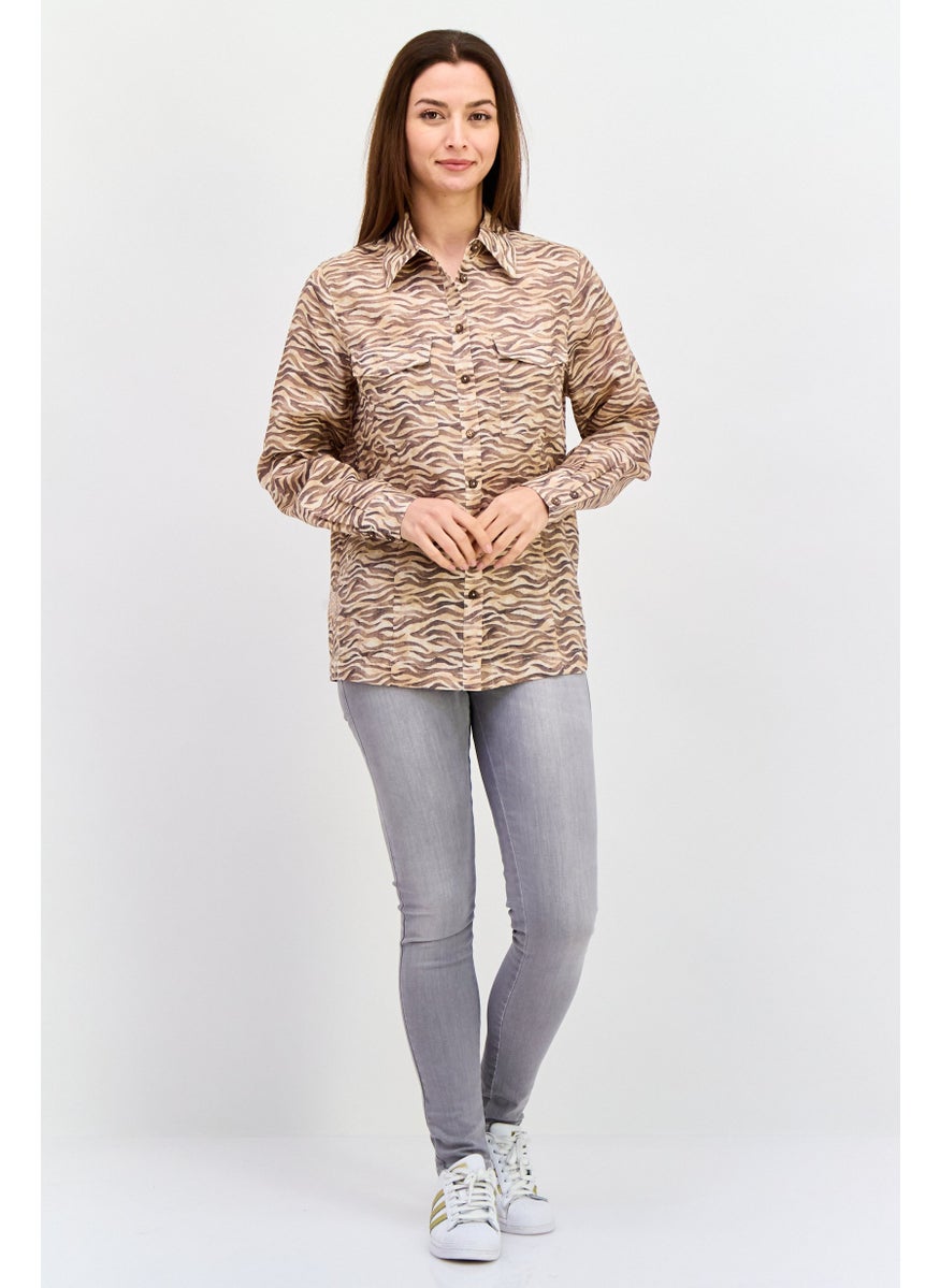 Scotch & Soda - Women Spread Collar Long Sleeves Animal Print Shirt, Brown Combo - Image 1