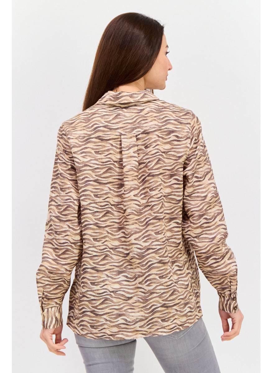 Scotch & Soda - Women Spread Collar Long Sleeves Animal Print Shirt, Brown Combo - Image 1