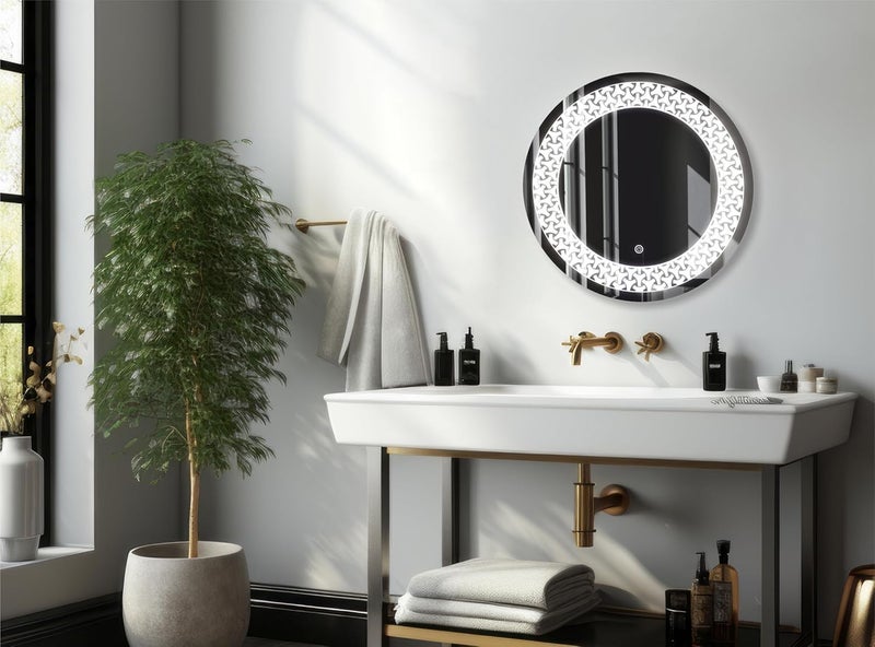 مرآة LED دائرية GWEN لغرفة الملابس مرآة مضاءة مثبتة على الحائط لغرفة النوم بحجم 24 × 24 بوصة مؤطرة