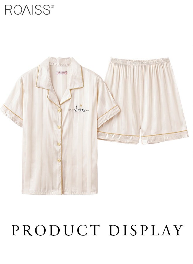 roaiss - 2-Piece Couple Style Ice Silk Pajama Set For Men And Women Button Fastening Lapel Short-Sleeved Shirt And Elastic Waist Shorts Set Home Wear - Image 1