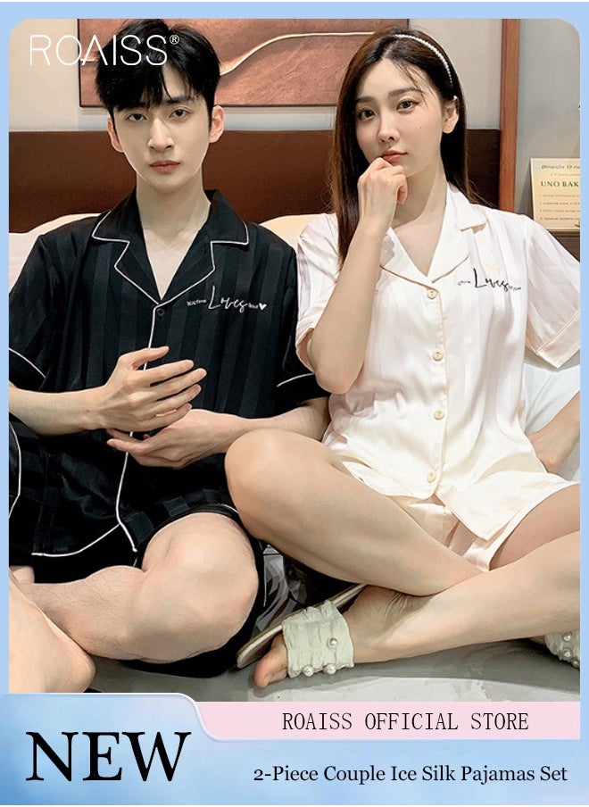 roaiss - 2-Piece Couple Style Ice Silk Pajama Set For Men And Women Button Fastening Lapel Short-Sleeved Shirt And Elastic Waist Shorts Set Home Wear - Image 1