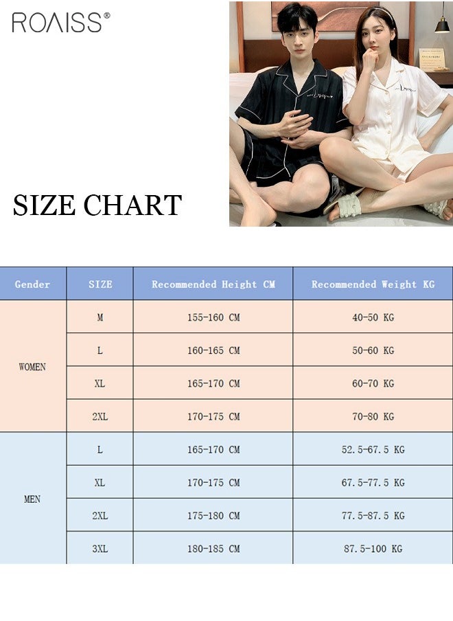roaiss - 2-Piece Couple Style Ice Silk Pajama Set For Men And Women Button Fastening Lapel Short-Sleeved Shirt And Elastic Waist Shorts Set Home Wear - Image 1