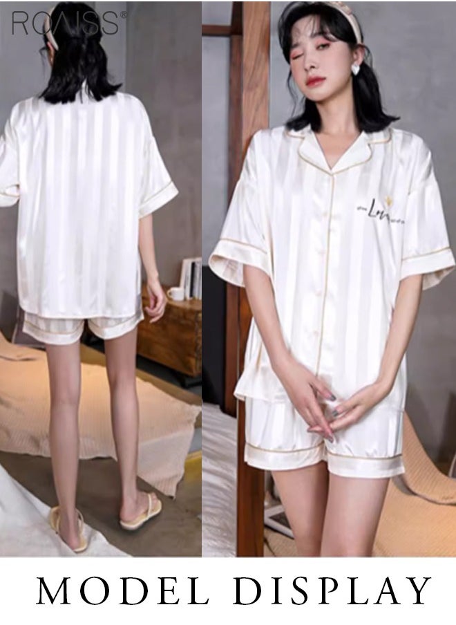 roaiss - 2-Piece Couple Style Ice Silk Pajama Set For Men And Women Button Fastening Lapel Short-Sleeved Shirt And Elastic Waist Shorts Set Home Wear - Image 1