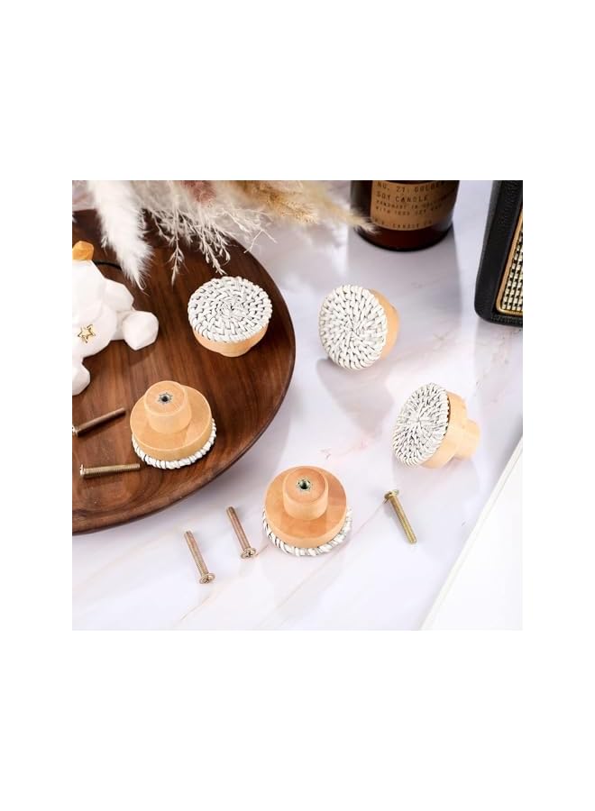 promass Wooden Drawer Knobs, 6 Pack Decorative Handmade Wicker Woven Pulls with Screws, Boho Round Rattan Dresser Knobs, Cabinet Pulls and Knobs for Boho Furniture Cabinets Dresser, 35x30mm (White) - Image 4