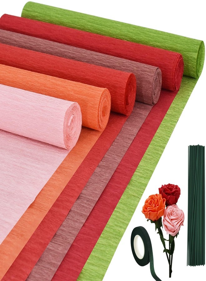 بيشيدا مجموعة بيشيدا من 6 لفات من ورق الكريب، 6 أوراق من ورق الكريب الأحمر لصنع الزهور، مجموعة زهور مع شريط لاصق وسلك لتزيين حفلات الزفاف وأعياد الميلاد والعطلات، أعمال يدوية (9.8 بوصة × 8 قدم/لفة) - Image 1