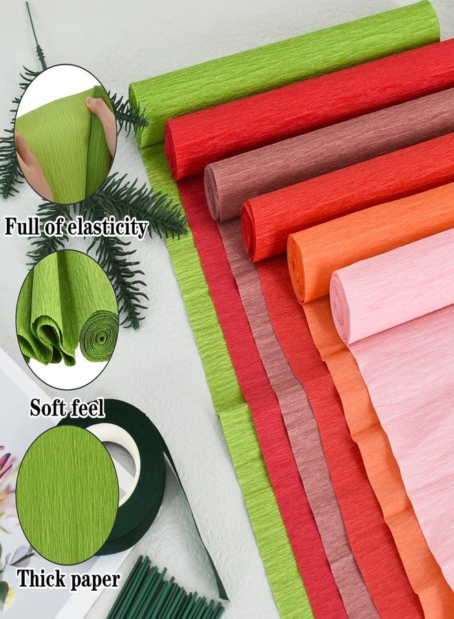 بيشيدا مجموعة بيشيدا من 6 لفات من ورق الكريب، 6 أوراق من ورق الكريب الأحمر لصنع الزهور، مجموعة زهور مع شريط لاصق وسلك لتزيين حفلات الزفاف وأعياد الميلاد والعطلات، أعمال يدوية (9.8 بوصة × 8 قدم/لفة) - Image 2