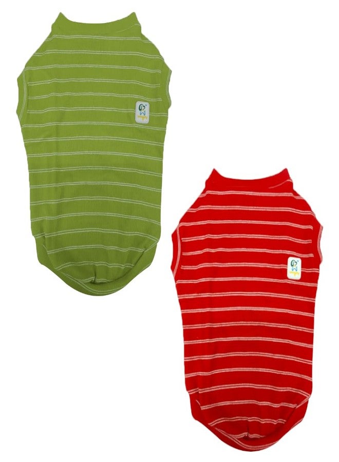 WAGZY Red and Green Striped Woven Stretchable T-Shirts for Puppies, Kitten, Dogs and Cats (22" - XXL) - Image 1