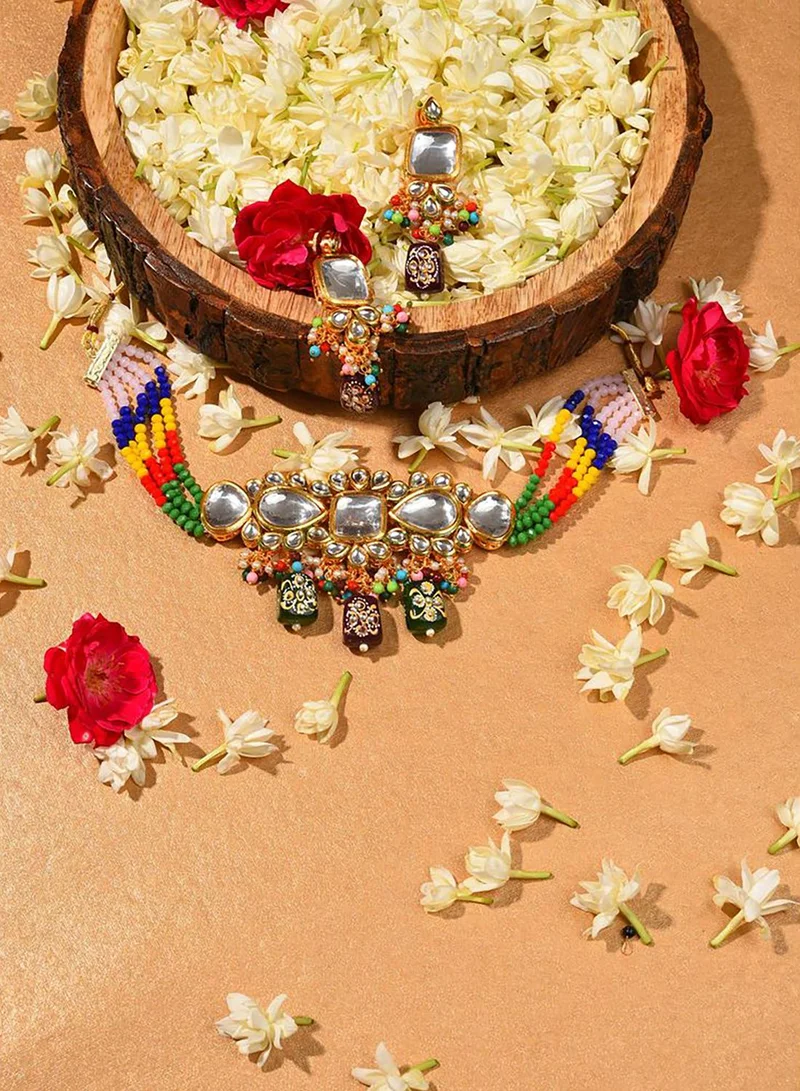 SOHI Gold Plated Kundan Beaded Necklace and Earring Set