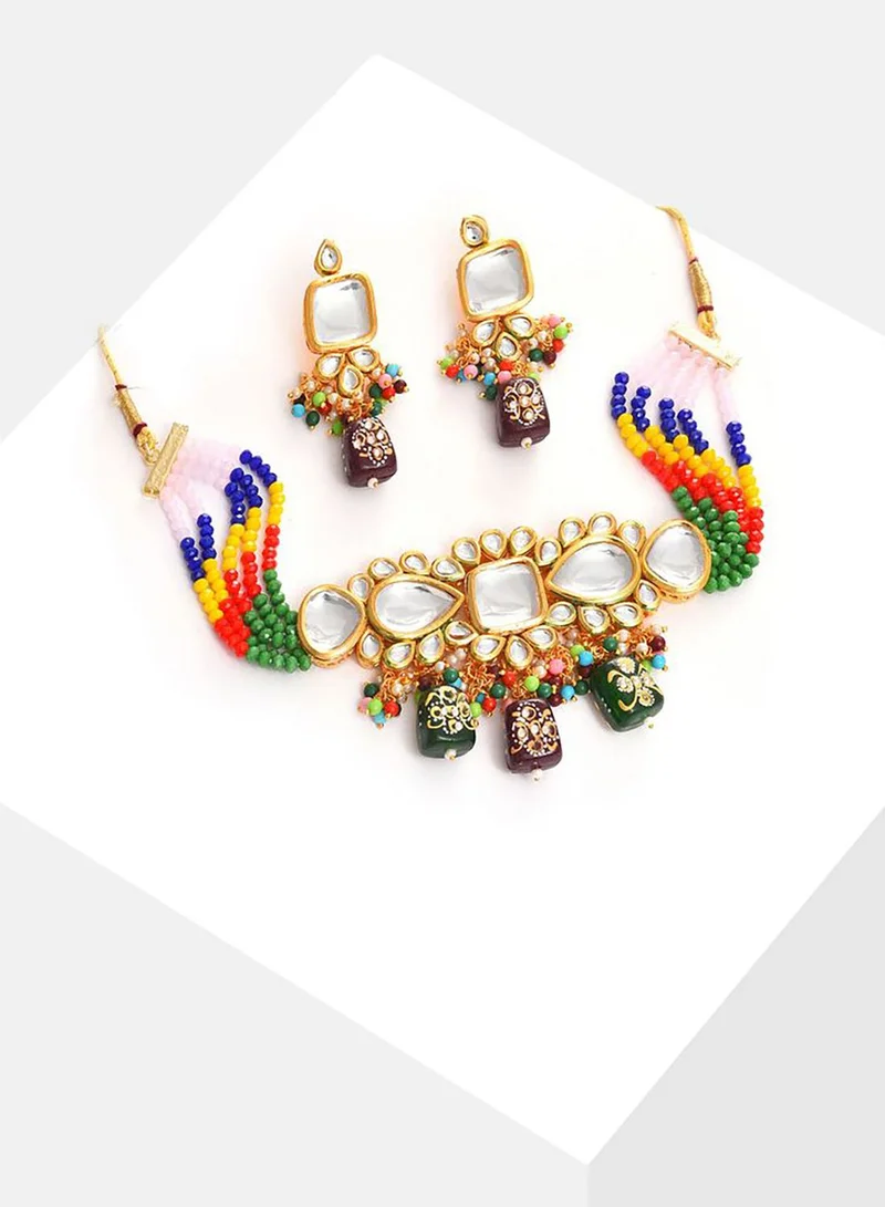 SOHI Gold Plated Kundan Beaded Necklace and Earring Set