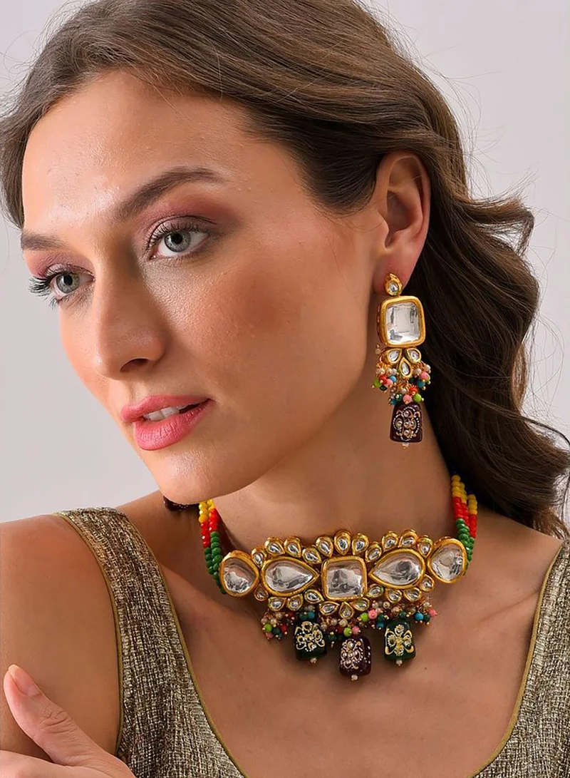 SOHI Gold Plated Kundan Beaded Necklace and Earring Set