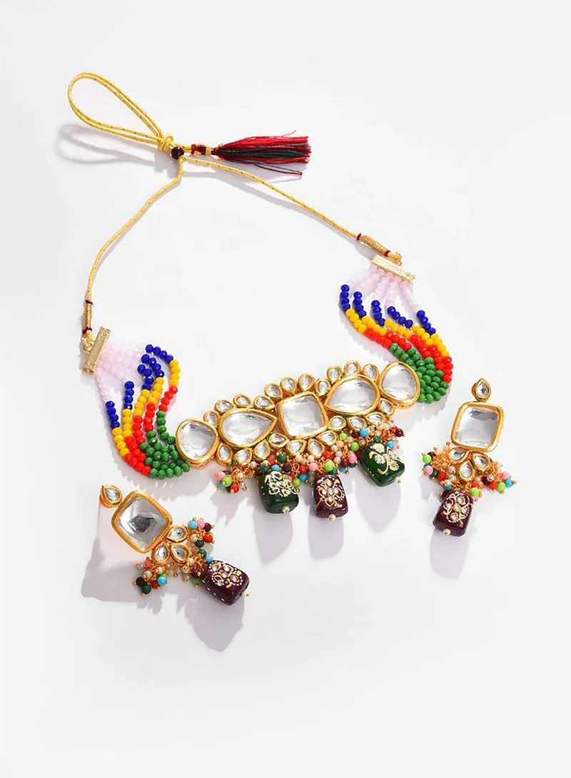 SOHI Gold Plated Kundan Beaded Necklace and Earring Set
