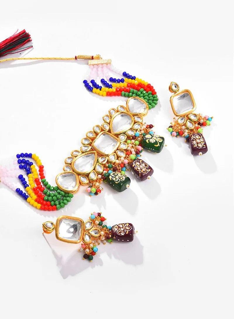 SOHI Gold Plated Kundan Beaded Necklace and Earring Set