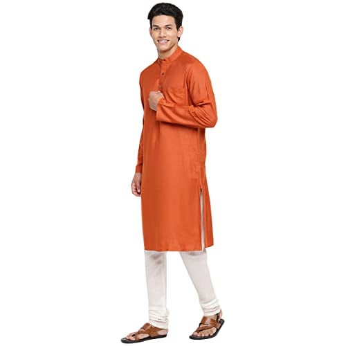 Fabindia Men's Viscose Silk Woven Slim Kurta (102591104_Rust - Image 2