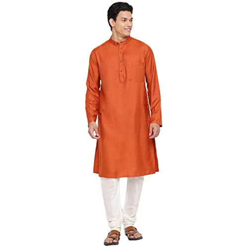 Fabindia Men's Viscose Silk Woven Slim Kurta (102591104_Rust - Image 1