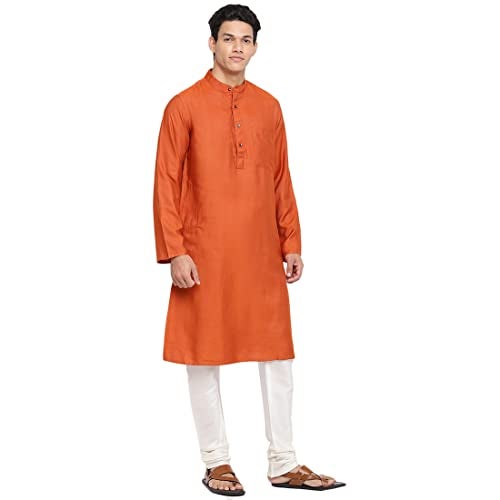 Fabindia Men's Viscose Silk Woven Slim Kurta (102591104_Rust - Image 3