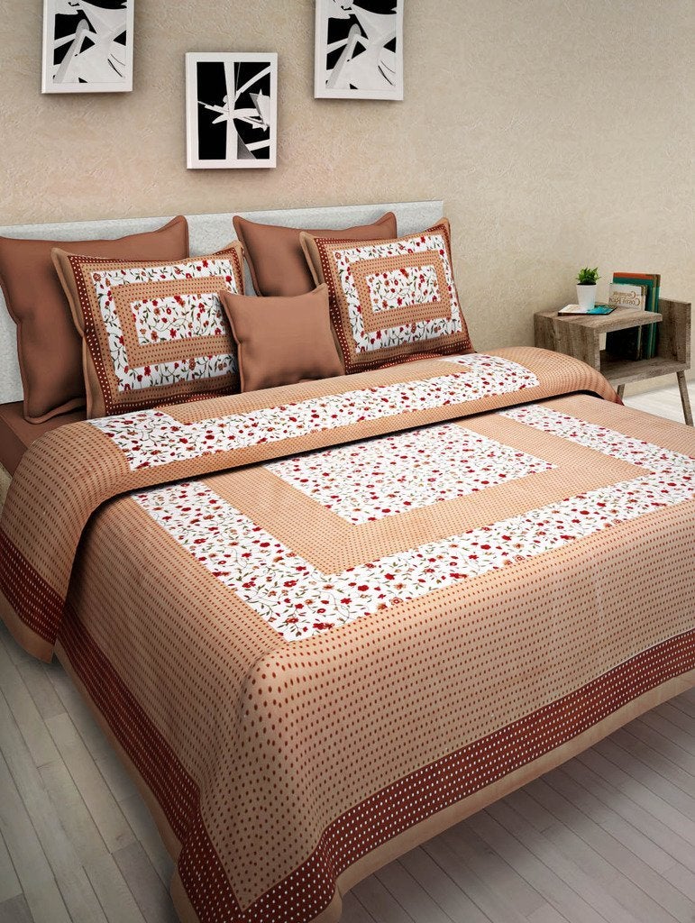 ART WORLD King Size Double Bed Sheet with Pillow Covers Pure Cotton Rajasthani Jaipuri Traditional Printed Bedcover (Brown, King) - Image 1
