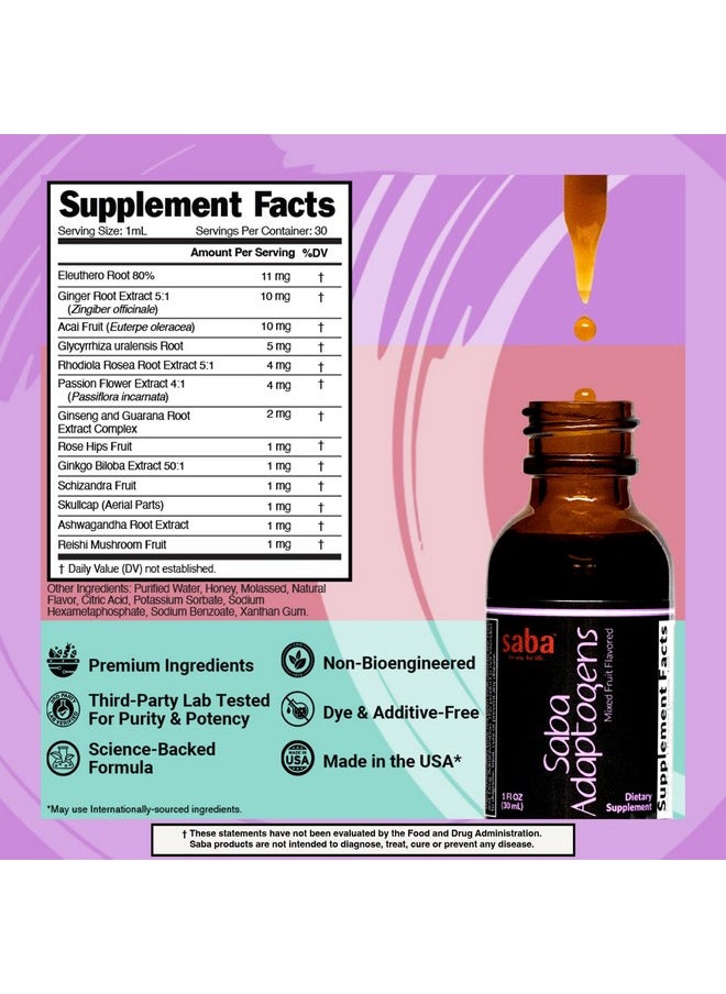 Saba Kombucha Saba Adaptogens - Super Concentrated - Eleuthero, Ginger, Rhodiola, Ginseng, Mushroom, Ginko, Acai - Supports Immune Response, Mood, Mental Performance & Fatigue -30 Servings  - Image 3