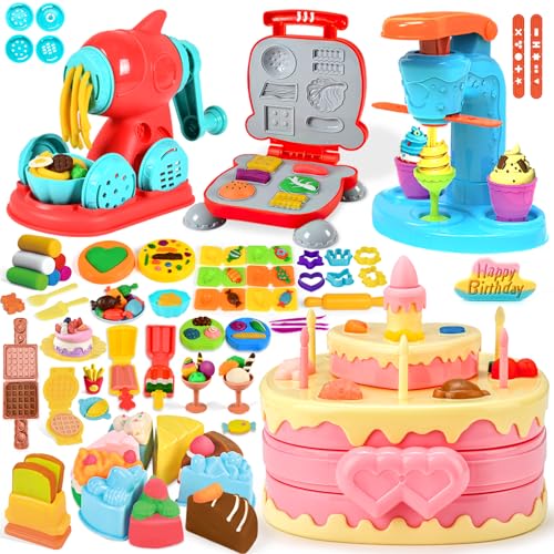 SOCBTNSO 4 in 1 Dough Sets 70 PCS for Kids Ages 48 Dough Tools Kit with Ice Cream Noodle Hamburger Cake Maker Machine Kitchen Creations Art Crafts Food Play Toys for Boys Girls Ages 3 - Image 1