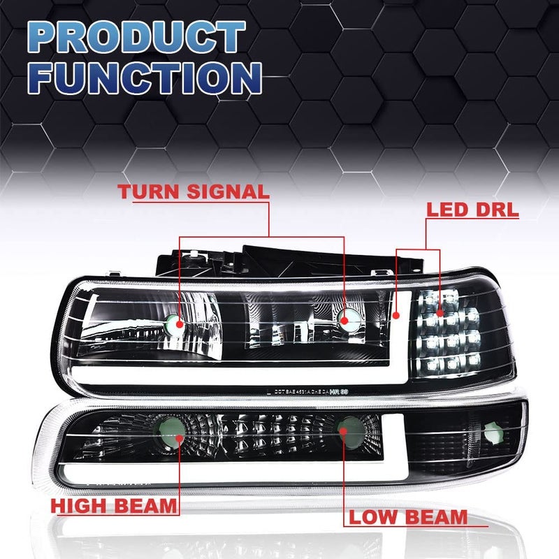 PIT66 LED Headlight Assembly Compatible with 1999-2002 Chevy Silverado / 2000-2006 Tahoe Suburban Clear Lens Black Housing Clear Reflector Headlamps Front Lights - Image 3