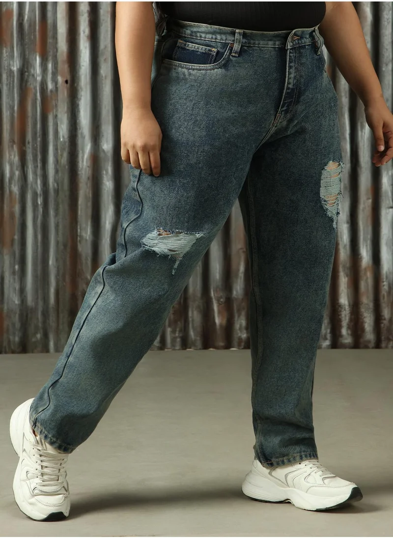 هاي ستار Women's Indigo 100% Cotton Distressed Plus Size Jeans