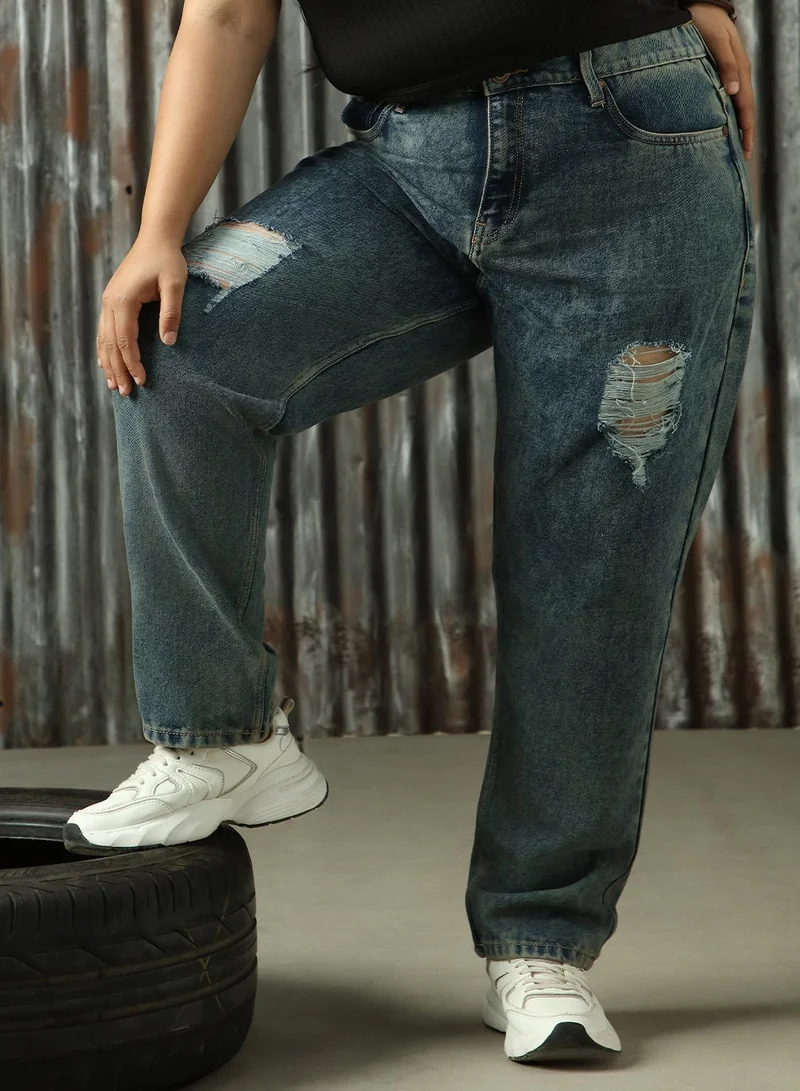 هاي ستار Women's Indigo 100% Cotton Distressed Plus Size Jeans