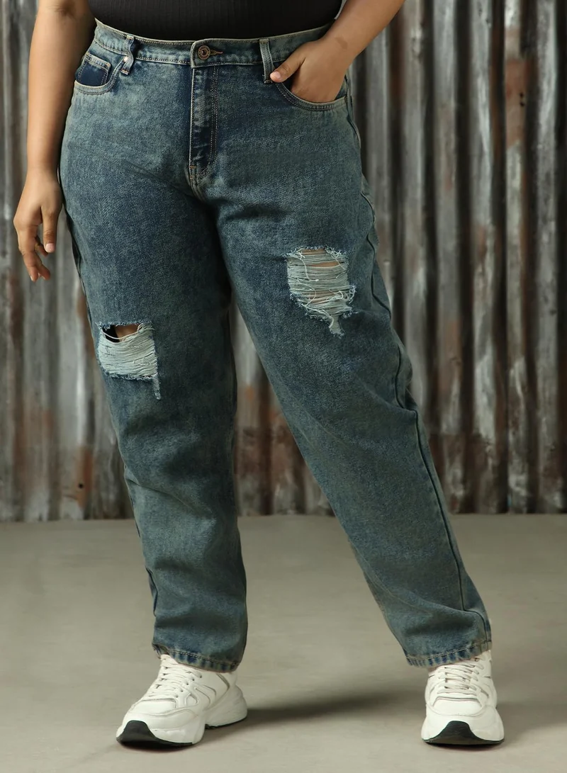 هاي ستار Women's Indigo 100% Cotton Distressed Plus Size Jeans
