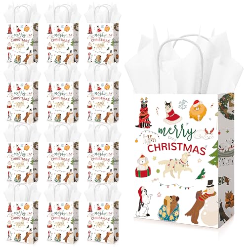 Kolldenn 25 Sets Christmas Dog Gift Bags Bulk with Tissue Paper Dog Themed Christmas Gift Bags with Handles for Puppy Lovers Presents Wrapping Birthday Party Favors - Image 1