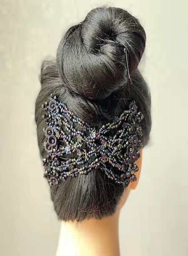 Lovef Flower Multifunction Easy Magic Hair Comb Stretchy Beaded Hair Comb in Small Beads Hairpin Plate Hair (Black1) - Image 2