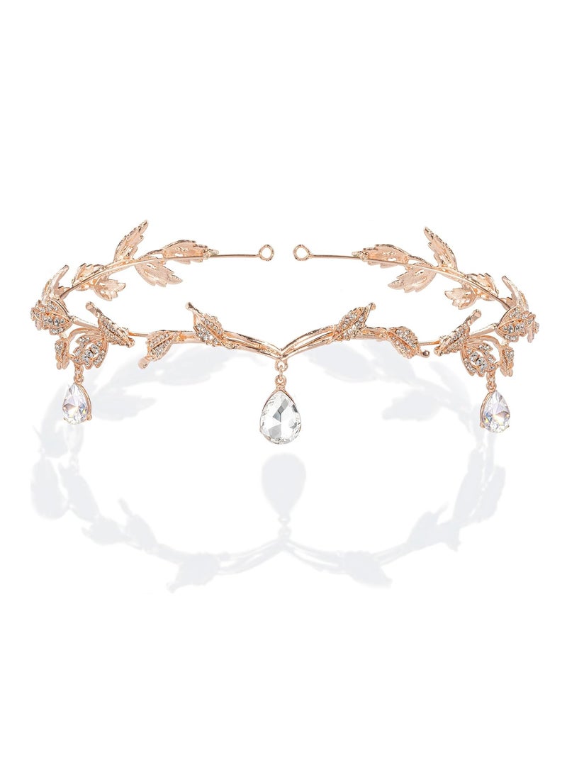 BABEYOND BABEYOND Crystal Leaf Wedding Diadem Headband Bridal Bridesmaid Forehead Band Rhinestone Bridal Tiara Crown Rose Gold 