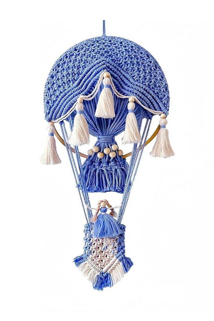 انتيكيانو تابستري جداري منسوج يدويًا، بأسلوب بوهيمي، مصنوع من خيوط قطنية، بتصميم بالون هوائي (باللون الأزرق).
