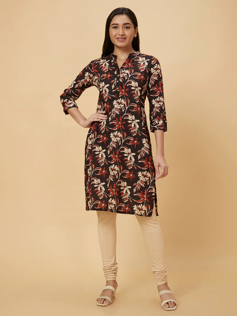 globus Women Black Floral Printed Mandarin Collar Roll-Up Sleeves Pure Cotton Straight Kurta