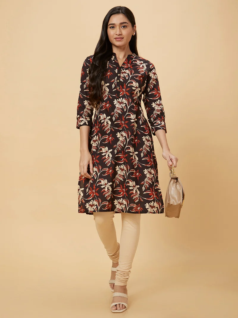 globus Women Black Floral Printed Mandarin Collar Roll-Up Sleeves Pure Cotton Straight Kurta