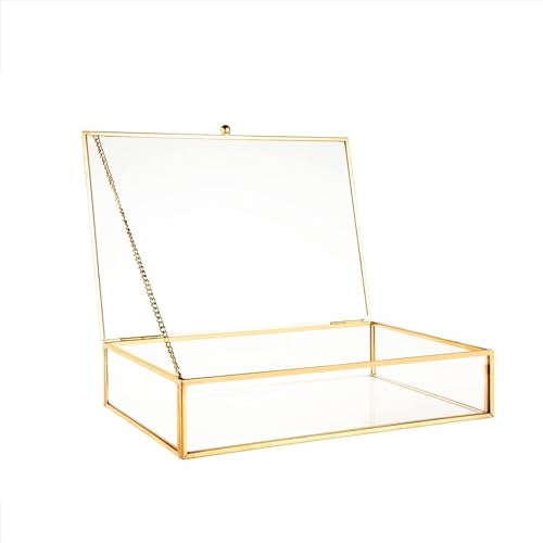 Feyarl Gold Glass Jewelry Trinket Box 5 x 7 Photo Cards Shadow Lidded Box Organizer Collection Display Case Decorative Keepsake Box for Home Deco (8.66 x 5.9 x 1.96inch) - Image 1